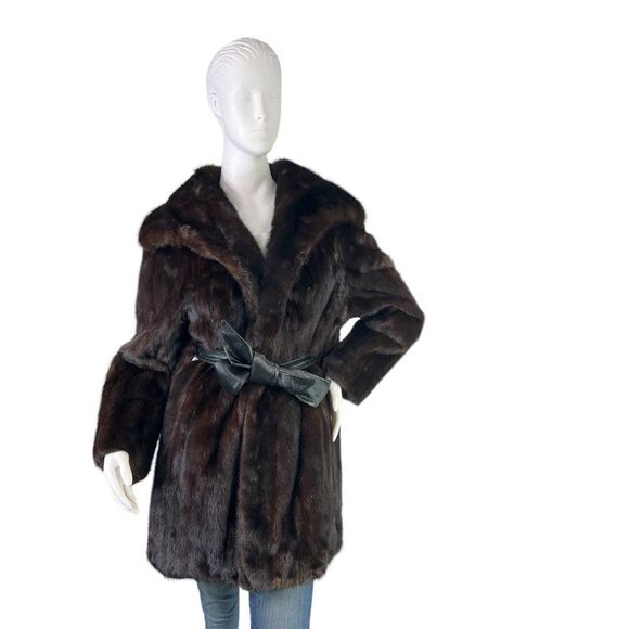 Sakowitz Vintage Mob Wife Dark Brown Mink Stroller Coat Leather Sash Size S/M